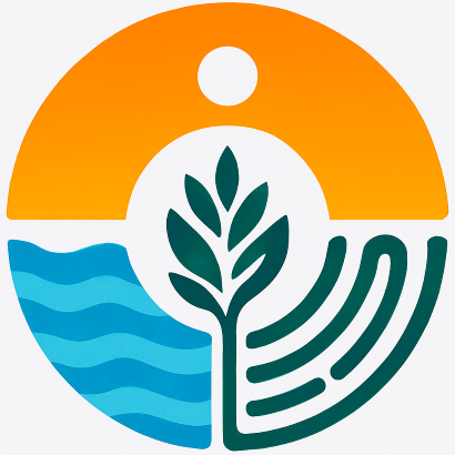Logo for Elemental Strategies, it is a circle with a orange banner and sun cutout, with water in the left hand corner, and finger print in the lower right hand. In the center is a plant